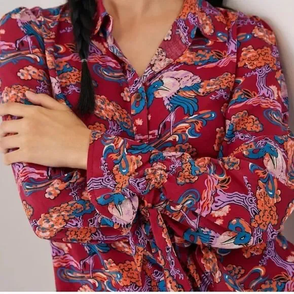 Anthropologie Maeve Darla Buttondown Shirt Vibrant Trees and Birds Size 8 - Picture 4 of 12